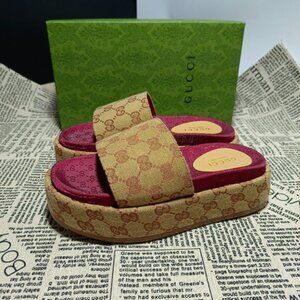 GUCCI Monogram Angelina Platform Sandals Slides